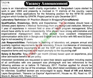  LEPRA BANGLADESH  Position : Laboratory Technician