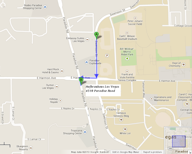 map showing Embassy Suites Las Vegas is 1 minute/ 0.3 mile from Hofbrauhaus Las Vegas