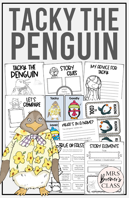 Tacky the Penguin book activities unit with literacy printables, reading companion activities, lesson ideas, and a craft for winter in Kindergarten and First Grade