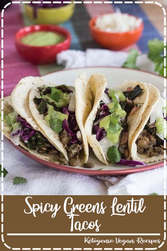 Lentils and leafy bitter greens seasoned with onion, garlic, and chile make a delicious vegan taco filling. Serve with this easy blender sauce of avocados, lime juice and cilantro. #lettyskitchen #tacos #vegan #lentils #leafy 
