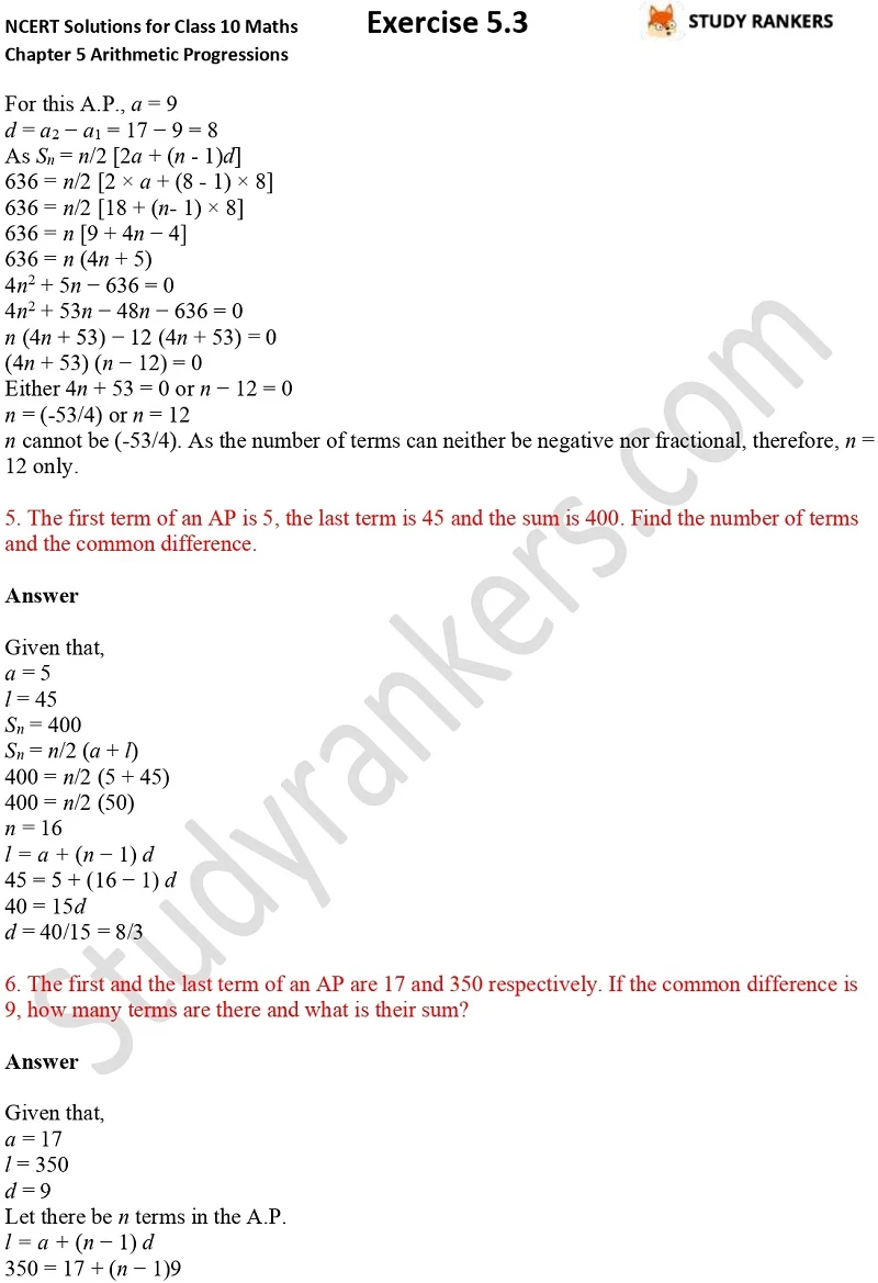 NCERT Solutions for Class 10 Maths Chapter 5 Arithmetic Progressions Exercise 5.3 Part 1 Part 7