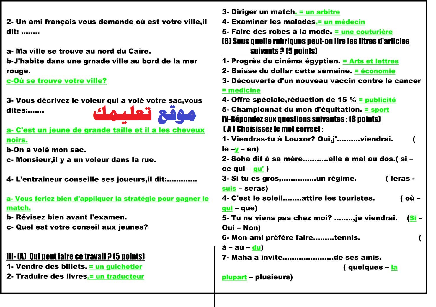 إجابة إمتحان السودان 2016 في لغة فرنسية