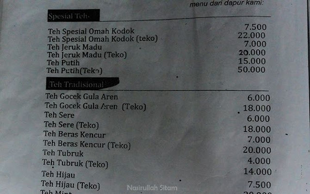 Daftar menu minuman di Omah Kodok