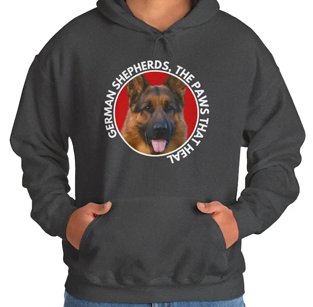 A Hoodie for Men and Women With Red and Black German Shepherd and Caption The Paws That Heal.