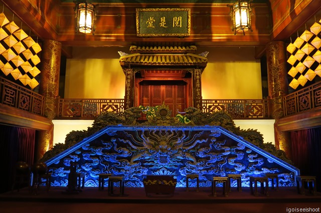 Inside of the Hue Traditional Theatre of Art where once the emperor sat to enjoy performances.