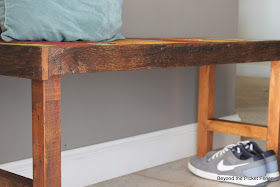 colorful rustic bench made with pallet wood and reclaimed wood http://bec4-beyondthepicketfence.blogspot.com/2014/04/colorful-rustic-bench.html