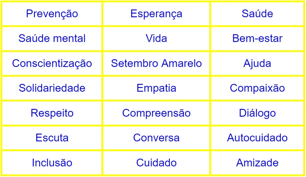 Exercícios sobre Setembro Amarelo - caça palavras