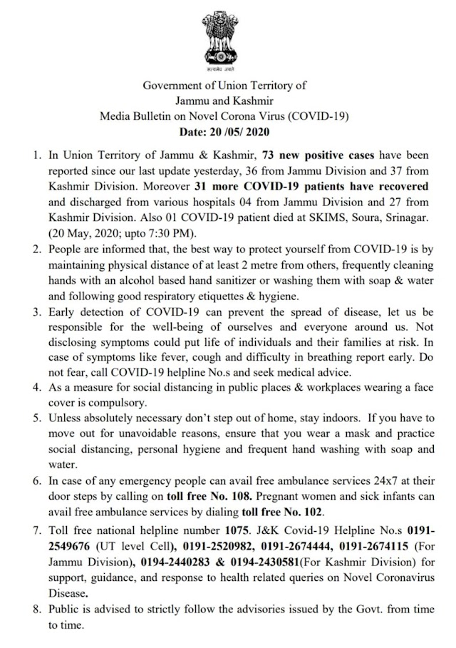 J&K 73 New Positive Cases on 20 May 2020 