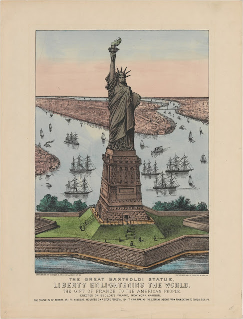 Scan of a hand-colored lithograph of the Statue of Liberty by Currier and Ives titled 	 The Great Bartholdi Statue – Liberty Enlightening the World