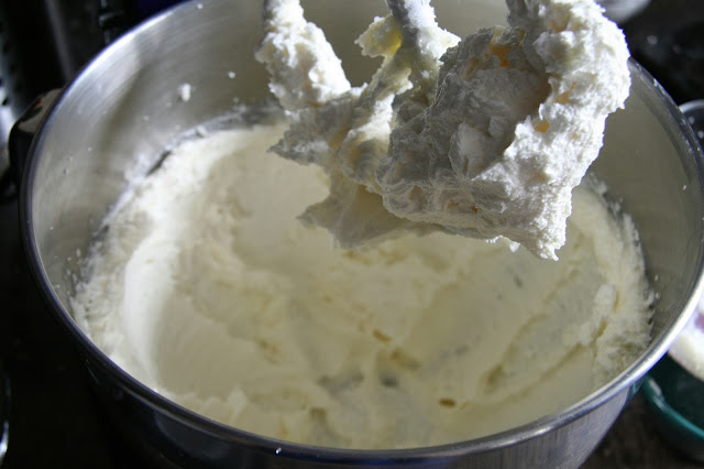 creamed butter, sugar and eggs inside a stand-up mixer.