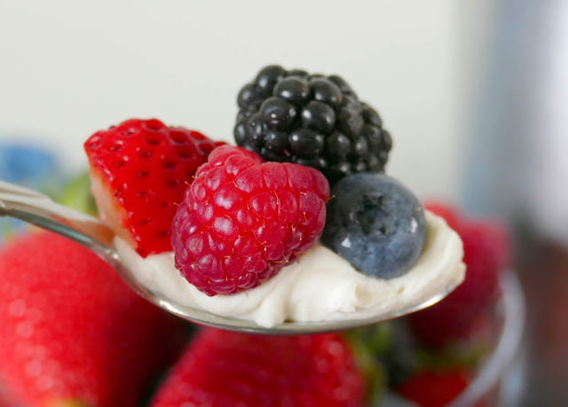 The perfect no bake patriotic dessert or breakfast for Memorial Day or July 4th! Also great for your sweetheart on Valentine's Day, or just because! The mascarpone cheese adds so much to the sweetened cream and we love using blueberries, strawberries, cherries, blackberries or raspberries in this easy and delicious treat!