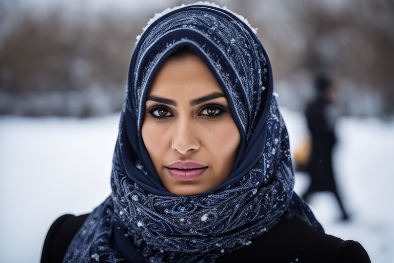 Portrait of a Muslim woman under the snow illustrating the dream of cold in Islam