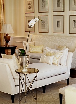 cream and gold living room gallery wall daybed transitional style open floor plan