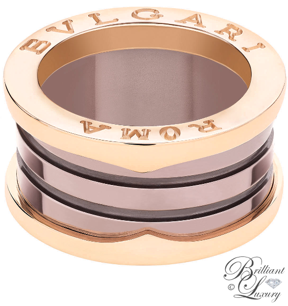 ♦Bvlgari B.zero1 Roma 4-band 18k rose gold ring with bronze ceramic #bvlgari #jewelry #brilliantluxury