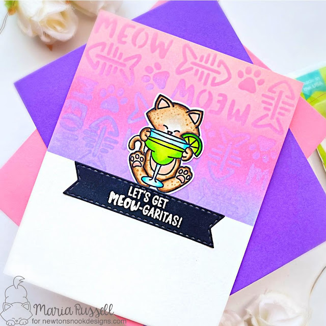 Meow-garitas! Card by Maria Russell | Newton Loves Tacos Stamp Set, Meow Stencil and Banner Trio Die Set by Newton's Nook Designs #newtonsnook