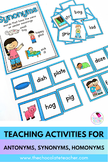Teaching synonyms, antonyms, homonyms and homophones is easy and fun with these activities your students will love working on in small groups, as part of center time, or even as independent practice. Whether you are looking for worksheets, games, posters, or activities your students can take home, these synonyms, antonyms, homonyms, and homophones activities will keep your students excited about learning. Grab the FREEBIE to try in your classroom today! #thechocolateteacher #teachingsynonymsantonymshomonymsandhomophones