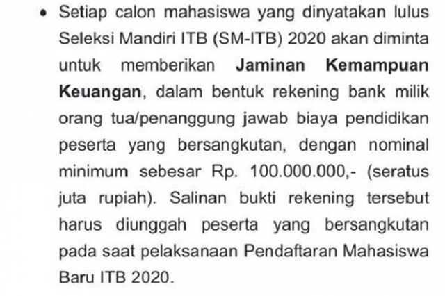 Viral, Mau Masuk ITB Sekarang Harus Punya Saldo Tabungan Rp 100 Juta di Bank