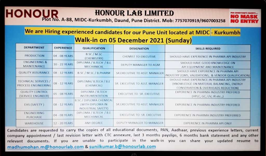 Job Availables,Honour Lab Limited  Walk-In-Interview For B.E/ B.Tech/ Diploma in Chemical/ Mechanical/ Instrumentation/ BSc/ MSc/ B.Pharm