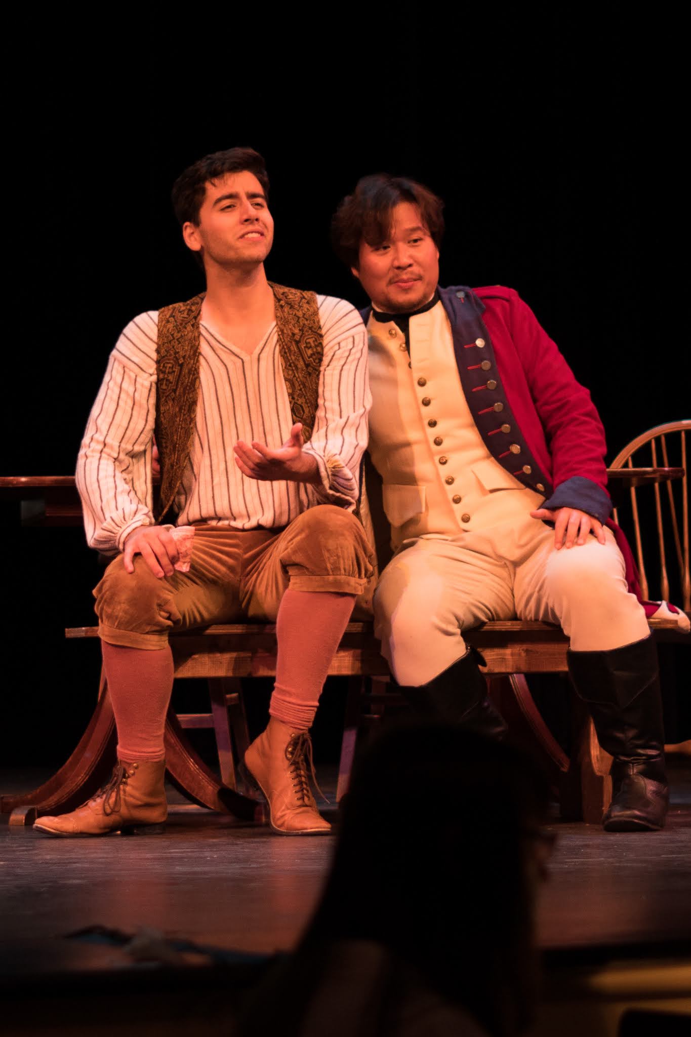 IN REVIEW: tenor JORDAN COSTA as Nemorino (left) and baritone SUCHAN KIM as Belcore (right) in the Sapphire Cast of Opera in Williamsburg's September 2021 production of Gaetano Donizetti's L'ELISIR D'AMORE [Photograph © by Diego Valdez; used with permission]