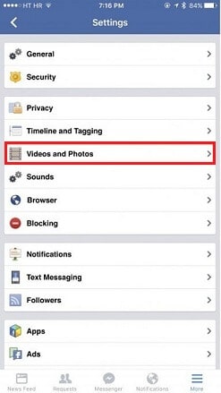 facebook photos and videos setting iphone