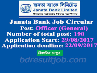 Janata Bank Limited(JBL) Officer (General) Job Circular 2017