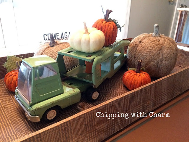 Chipping with Charm: Toy Truck Centerpiece and Pumpkins www.chippingwithcharm.blogspot.com