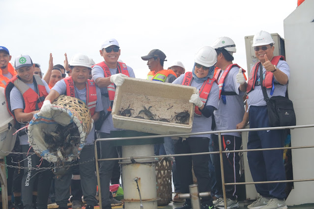 PT Timah Tbk Melepas  Ratusan Bibit Kepiting di Pantai Kundur  dan Menanam Pohon Cemara di Kawasan Kundur Park