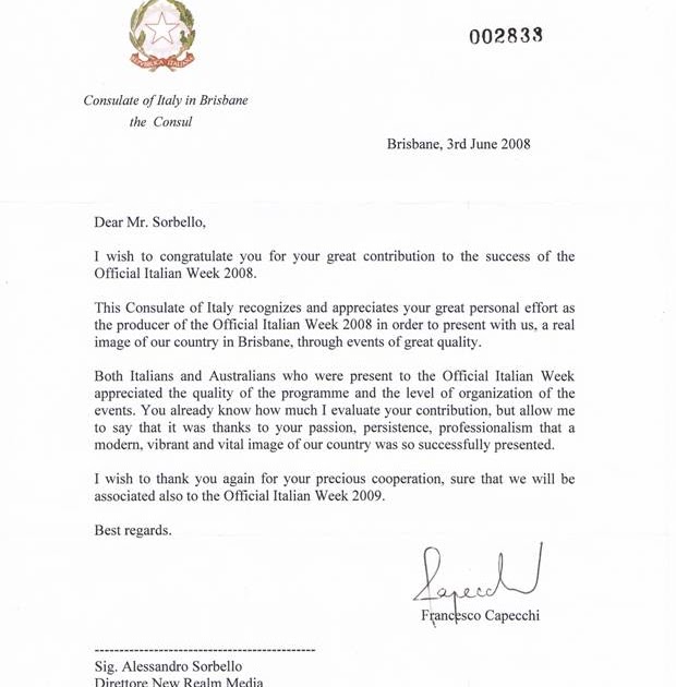 Alessandro Sorbello: Letter from the Italian Consulate