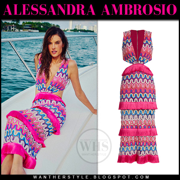 Alessandra Ambrosio in pink printed fringe dress