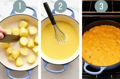 Steps to make scalloped potatoes: prepping, saucing, baking.