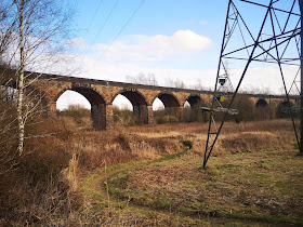 A long, level viaduct in the middle distance, showing 9 of its arches, with a flat expanse of grass and a modern electricity pylon in the foreground.