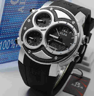 jam tangan Alfa original 047 black rubber ring silver