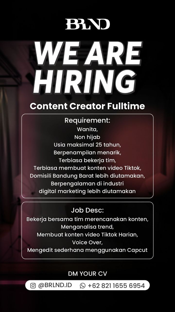 Lowongan Kerja Content Creator Full time @brlnd.id Bandung April 2024