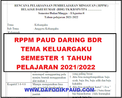RPPM PAUD Daring BDR Tema Keluargaku Semester 1 Tahun Pelajaran 2021/2022