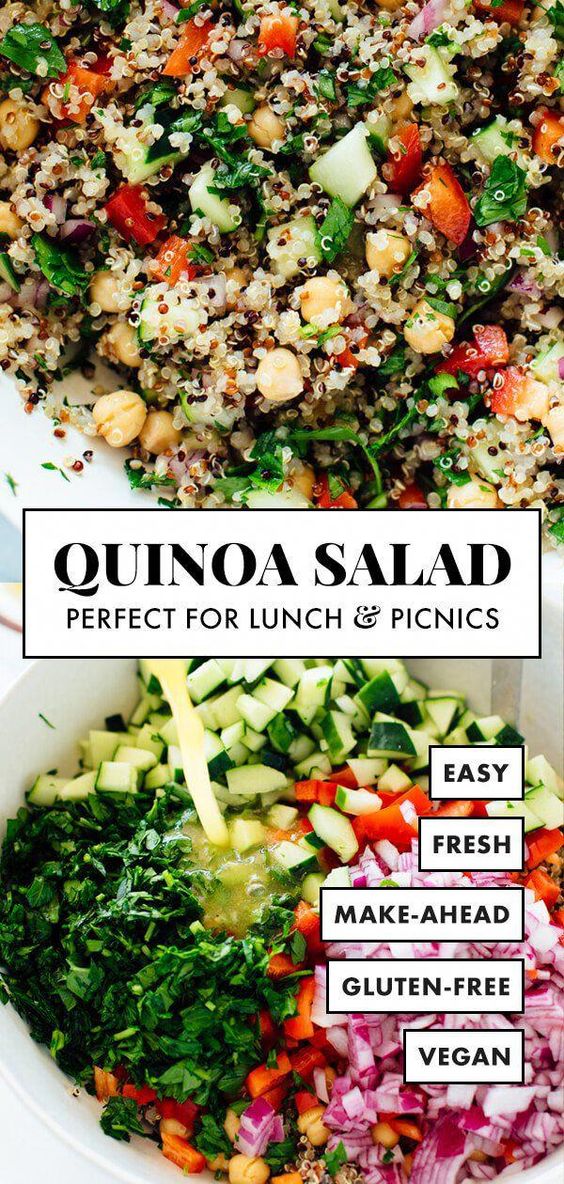 This quinoa salad recipe is the best! Everyone loves this healthy quinoa salad made with quinoa, chickpeas, red bell pepper, cucumber, parsley and lemon. It's vegan and gluten free, too! Recipe yields 4 medium salads or 8 side salads.