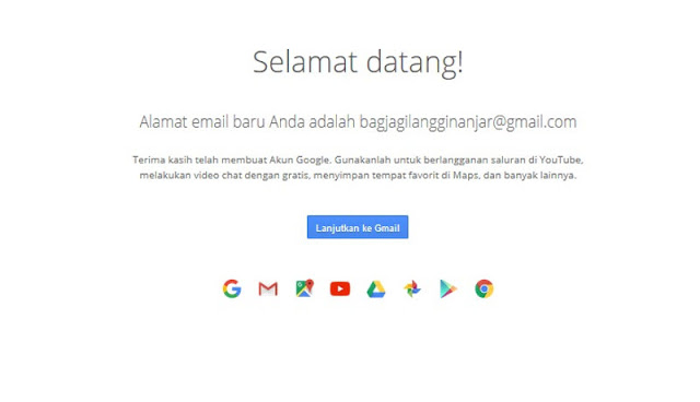 Tampilan selamat datang registrasi pendaftaran Gmail telah berhasil