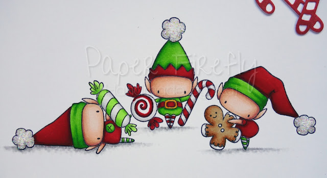 Colourful Christmas card using Stamping Bella Littles Elves with treats