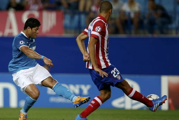 Zenit St Petersburg striker Hulk shoots to score the equaliser against Atlético Madrid