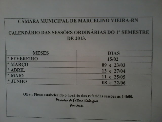 Calendário das sessões ordinárias de Marcelino Vieira