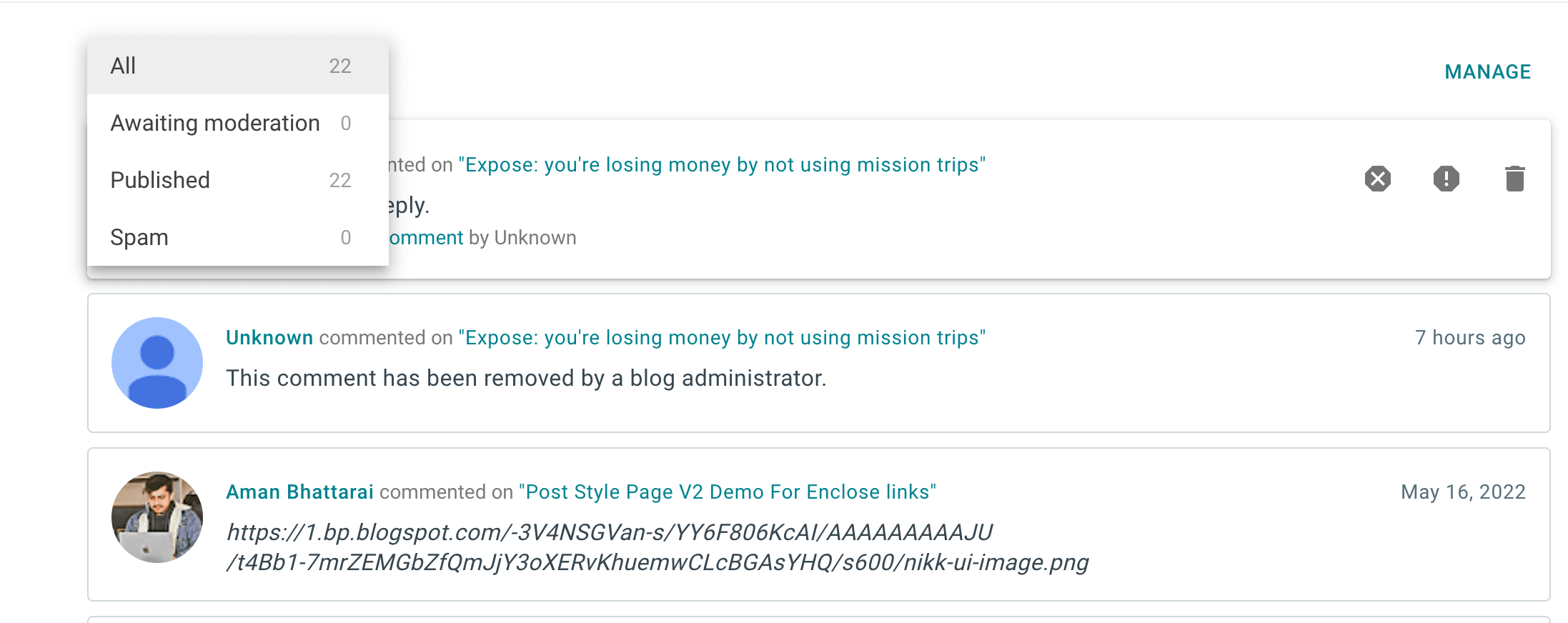 Comment Section in Blogger Dashboard