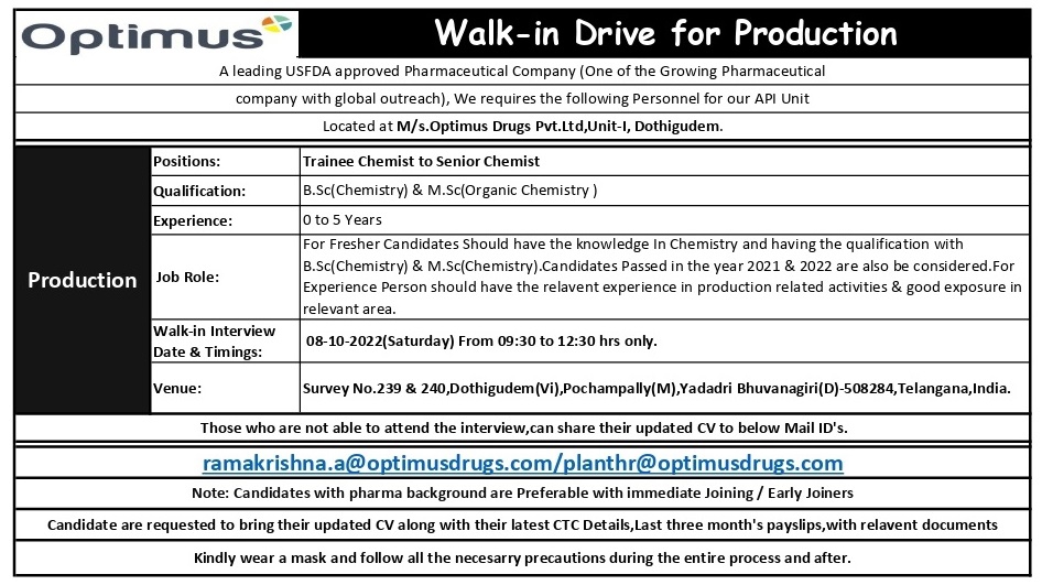 Job Available's for Optimus Drugs Pvt Ltd Walk-In Interview for Fresher's & Experienced in BSc Chemistry/ MSc Organic Chemistry