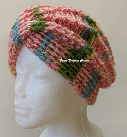 Sweet Nothing Crochet free crochet pattern blog, free crochet pattern for a turban cap, photo left side profile of turban cap