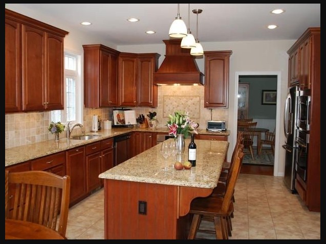Granite Countertop Kitchen Design Ideas with wooden cabinet and ceramic tiles floor