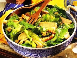 Picture Chicken Caesar Salad on blue bowl