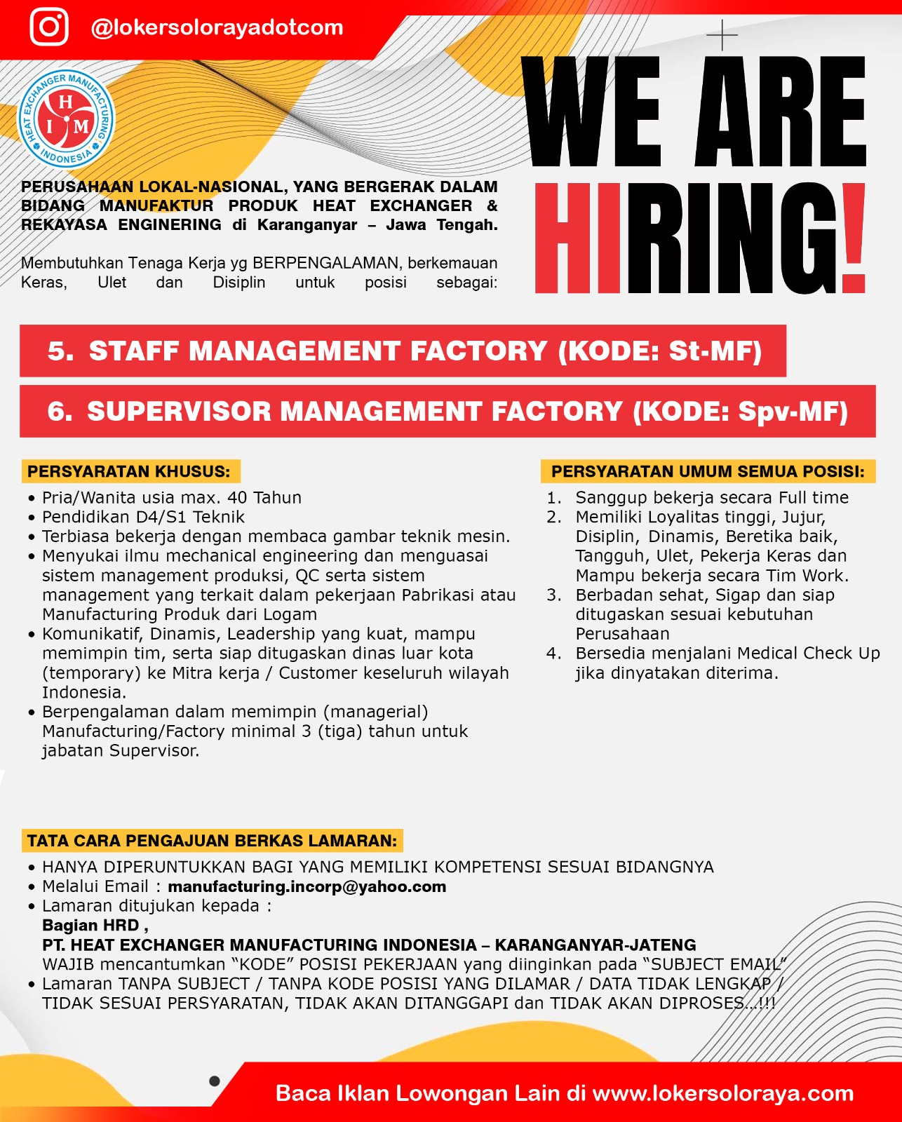 Loker Karanganyar Terbaru di PT Heat Exchanger Manufacturing Indonesia untuk 11 Posisi