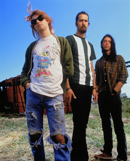 Grunge rock artists Nirvana with Kurt Cobain