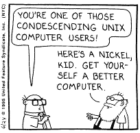 'Dilbert' cartoon: the Unix bearded guru character chastising Wally