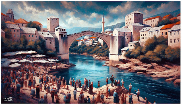 Stari Most over elva Neretva i Mostar. Laget ved hjelp av kunstig intelligens.