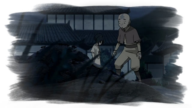 A shot of Aang, a twelve-year-old bald boy with an arrow tattoo on his head, dressed in a yellow and orange outfit, standing with Toph at night. In the foreground is an anthill will a trail of ants, which Aang is looking for.
