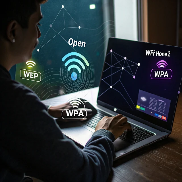 Illustration of a hacker analyzing fake Wi-Fi networks using a laptop, with signals labeled Open, WEP, WPA, and WPA2 floating in a dark cyber-themed room, representing wireless security testing with Wifi Honey.